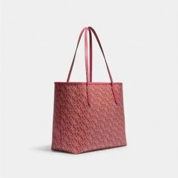 Coach Women City Tote With Coach Monogram Print Rouge