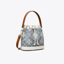 Tory Burch Women T Monogram Denim Bucket Bag Pearl Blue