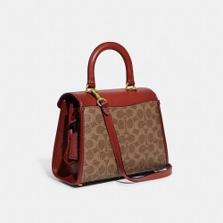 Coach Women Sammy Top Handle in Signature Canvas Brass Tan Rust