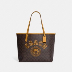 Coach Women City Tote in Signature Canvas with Varsity Motif Yellow