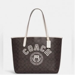 Coach Women City Tote in Signature Canvas with Varsity Motif Chalk