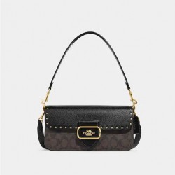 Coach Women Morgan Shoulder Bag in Colorblock Signature Canvas with Rivets Gold Brown Black Multi