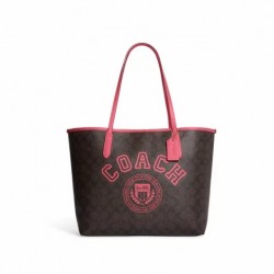 Coach Women City Tote in Signature Canvas with Varsity Motif Pink