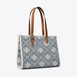 Tory Burch Women Small T Monogram Denim Tote Pearl Blue