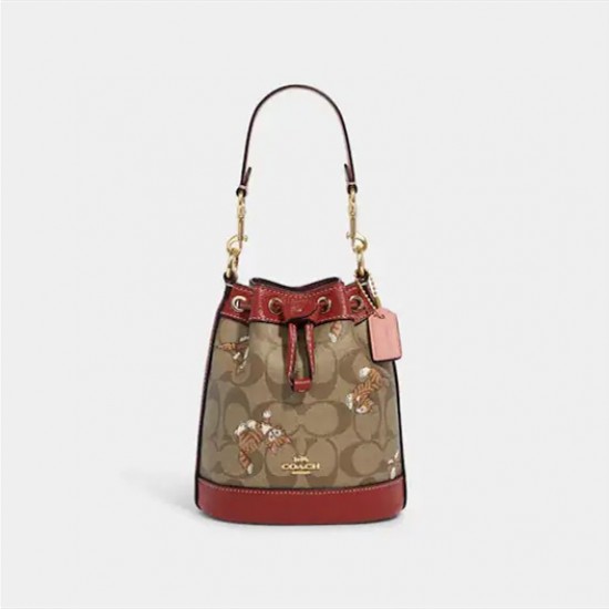 Coach Women Mini Dempsey Bucket Bag in Signature Canvas with Dancing Kitten Print